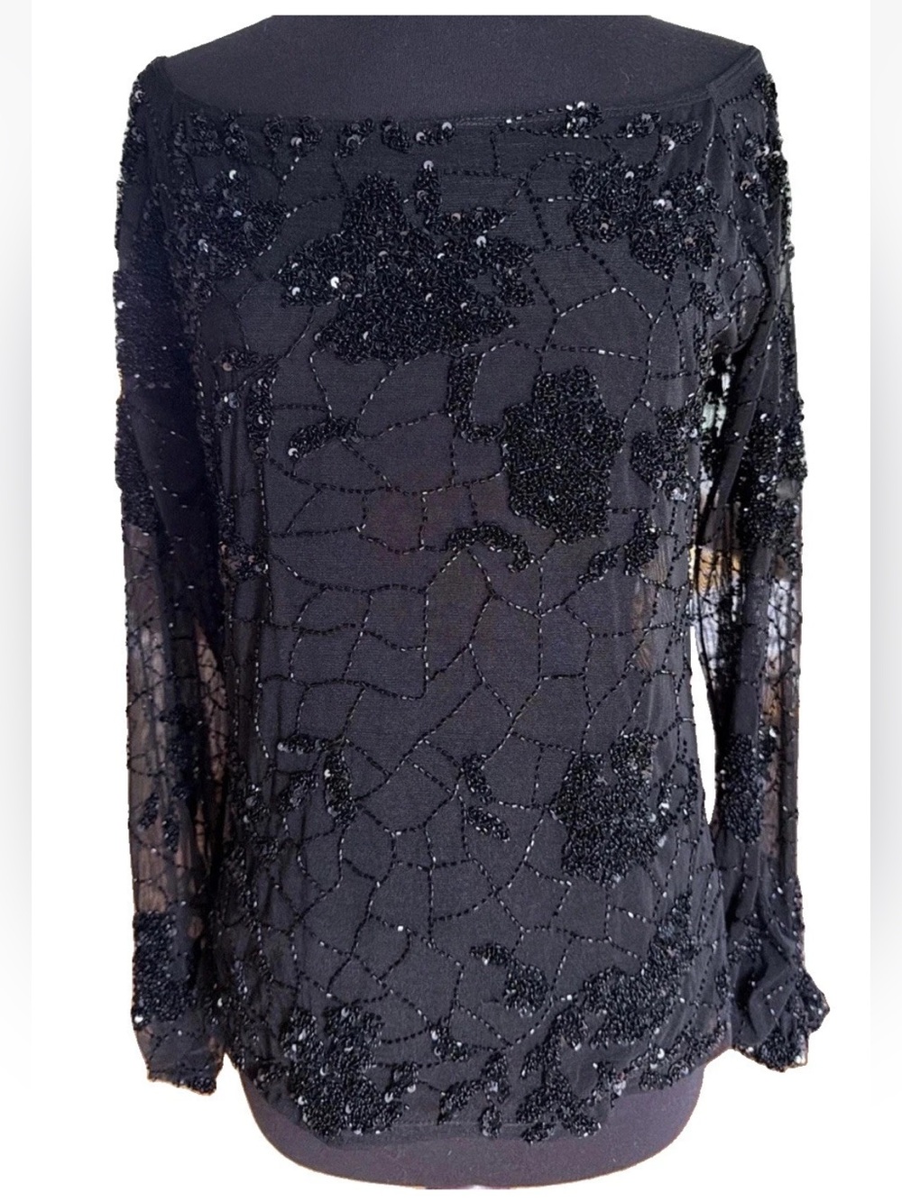 Krizia Sheer Black Beaded Sequined Top Boatneck Raglan Sleeves Ruched Cuffs VTG